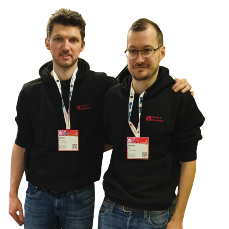 Mathias and Johannes from 7Wolf Studios in black studio hoodies